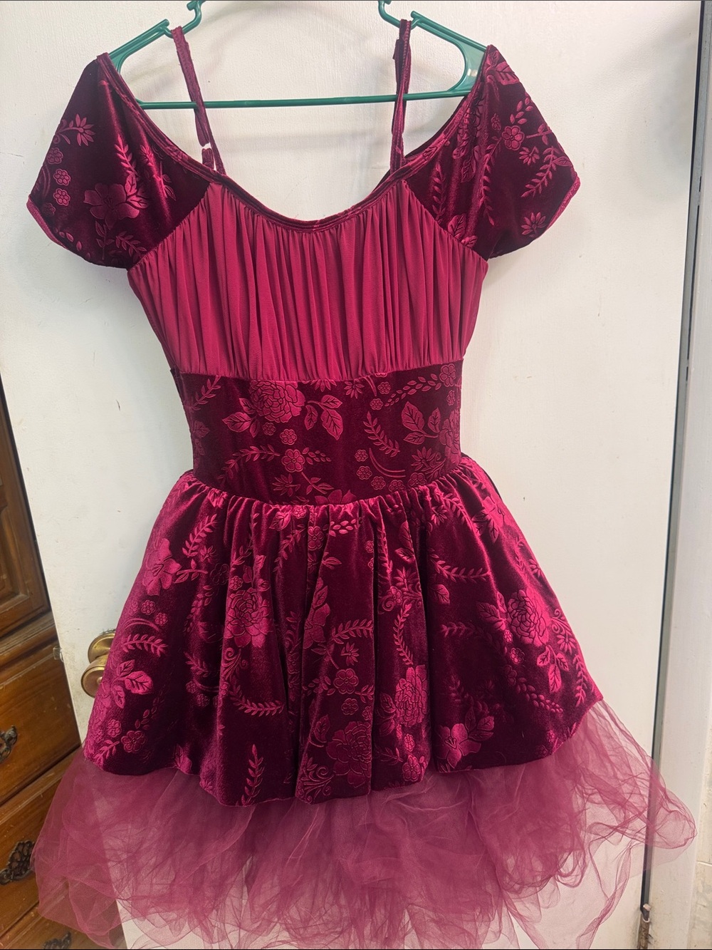 Woman’s Burgundy Floral Velvet Tulle Costume Dress